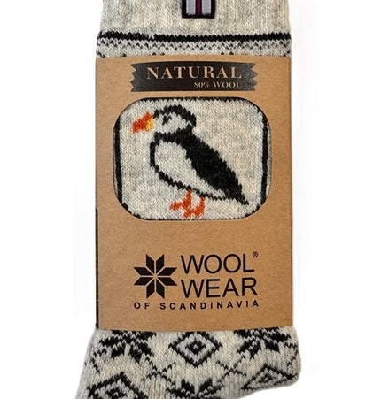 Färöer Puffin Wollsocken aus 80% wolle m/gewebte Färöische Flagge