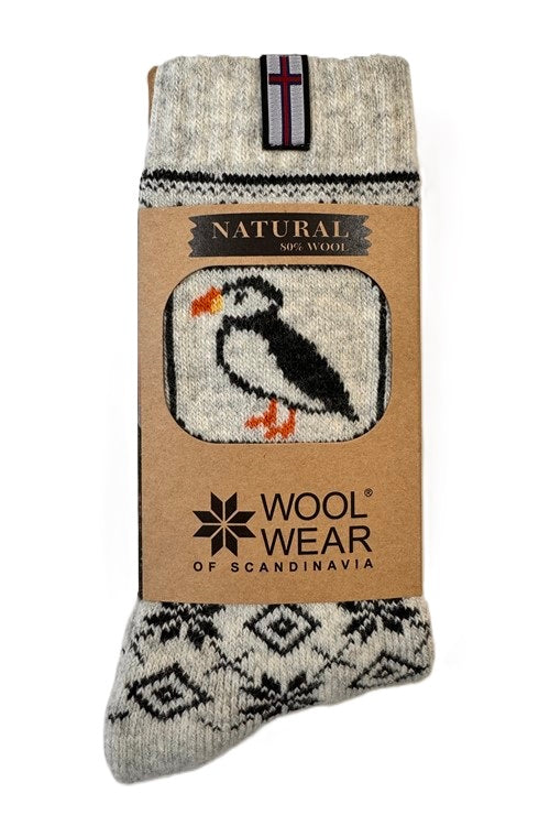 Färöer Puffin Wollsocken aus 80% wolle m/gewebte Färöische Flagge