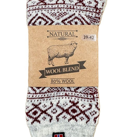 Dicke rote Norweger Wintersocken aus 80% Wolle mit gewebter Norweger-Flagge