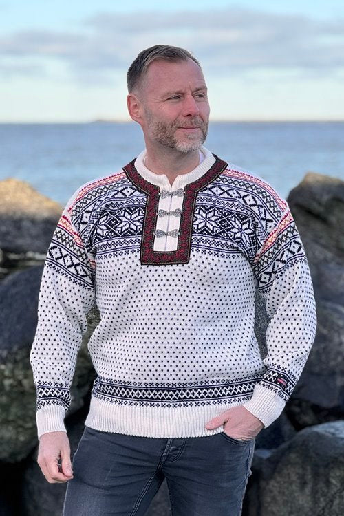Norweger Pullover,  weißer Norwegerstrick aus 100 % reiner Schurwolle