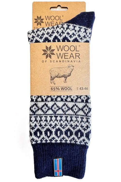 Isländer Wollsocken mit isländischer Flagge aus 65 % Kammwolle. Marine