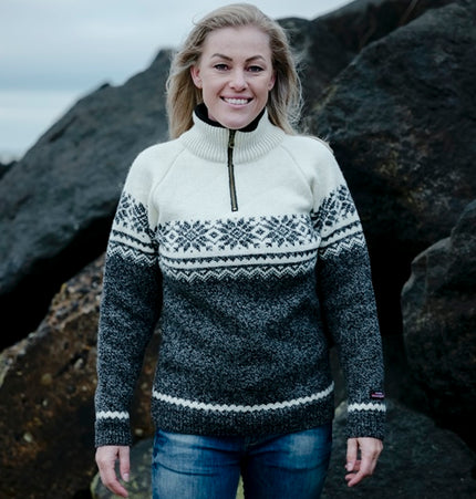Norweger Pullover aus 100% reiner Wolle mit nordischem Muster, Raglanärmel