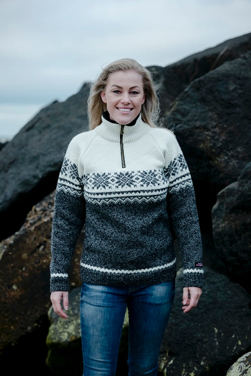 Norweger Pullover aus 100% reiner Wolle mit nordischem Muster, Raglanärmel