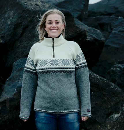 Norweger Pullover aus 100% reiner Wolle mit nordischem Muster, Raglanärmel
