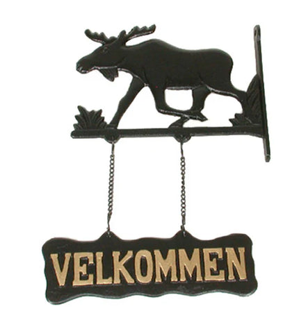 Willkommensschild mit Elchmotiv, hängend aus Gusseisen