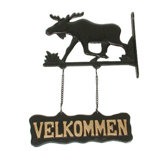 Willkommensschild mit Elchmotiv, hängend aus Gusseisen