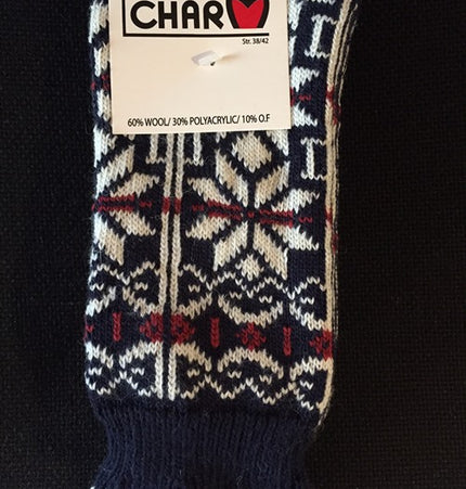 Wollsocken mit Schneeflockenmuster aus 60% Wolle.