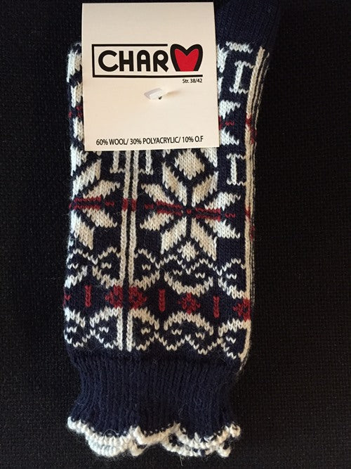 Wollsocken mit Schneeflockenmuster aus 60% Wolle.