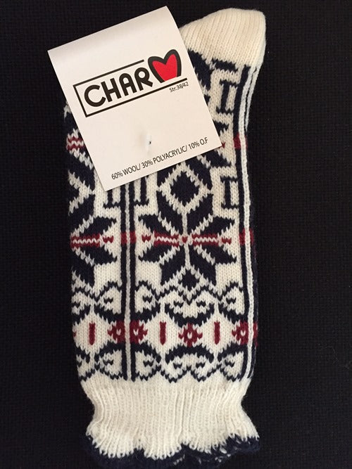 Wollsocken mit Schneeflockenmuster aus 60% Wolle.